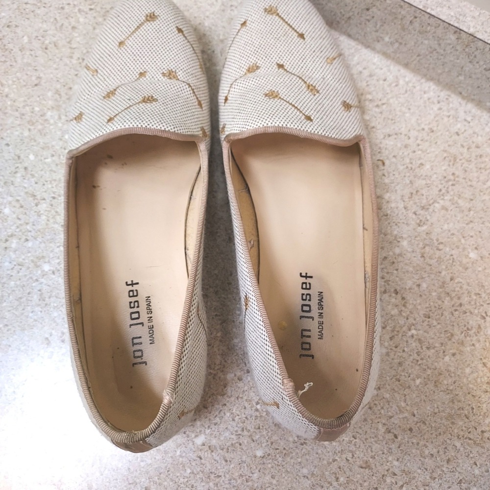 Jon Josef Arrow Embroidered Smoking Flats Womens 9 Cream Beige Canvas Loafers